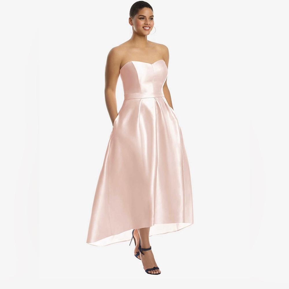 Dessy Strapless Satin High Low Dress with Pockets, Blush Pink, 20W